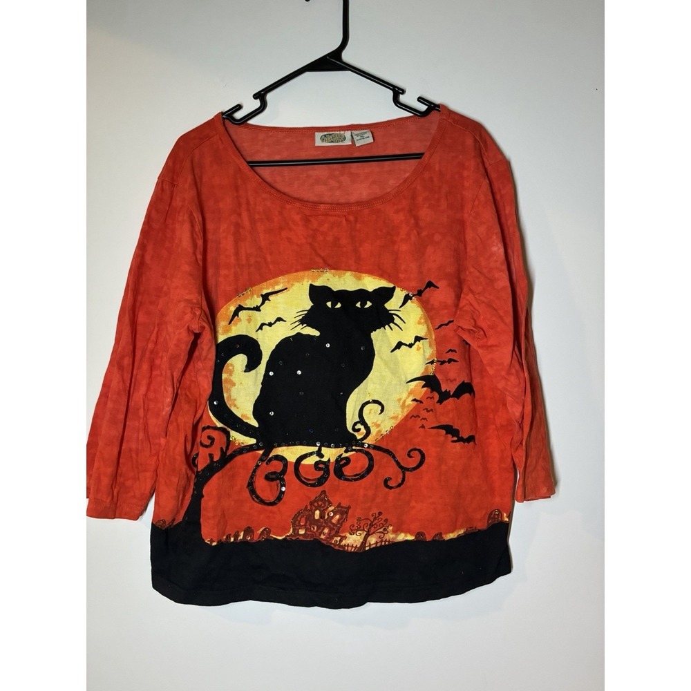 COLLECTIONS ETC. HALLOWEEN BLACK CAT ORANGE BLACK RETRO VINTAGE TOP SIZE XL